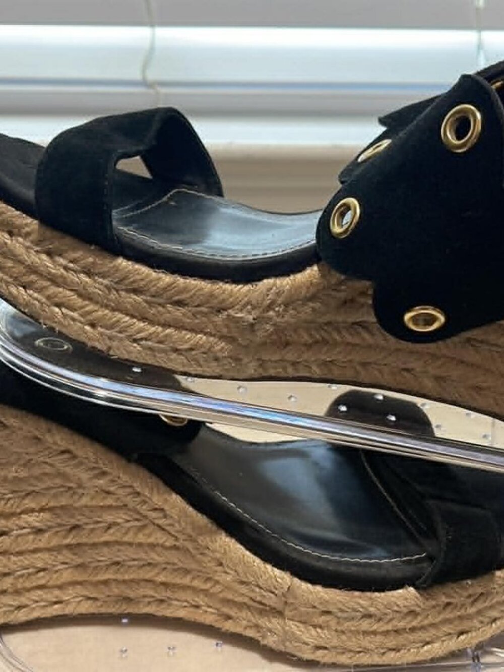 Charles by Charles David Wedge Espadrille Sandals Black Suede with Grommets Sz11 - Picture 2 of 6